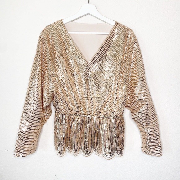 Unbranded Tops - Sequin Rose Gold Peplum Long Sleeved Blouse
